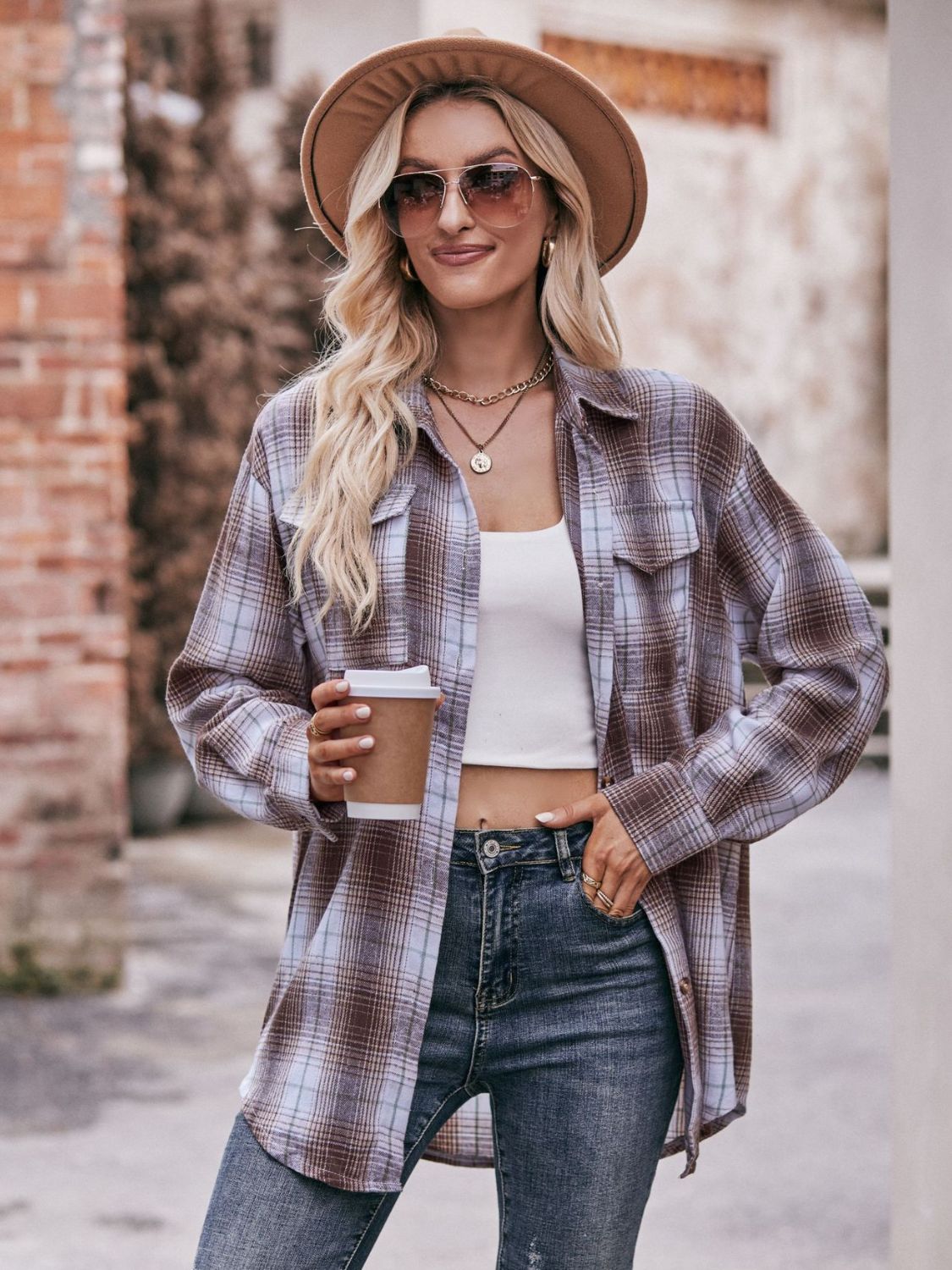 Oversized Plaid Longline Shirt with Dropped Shoulders