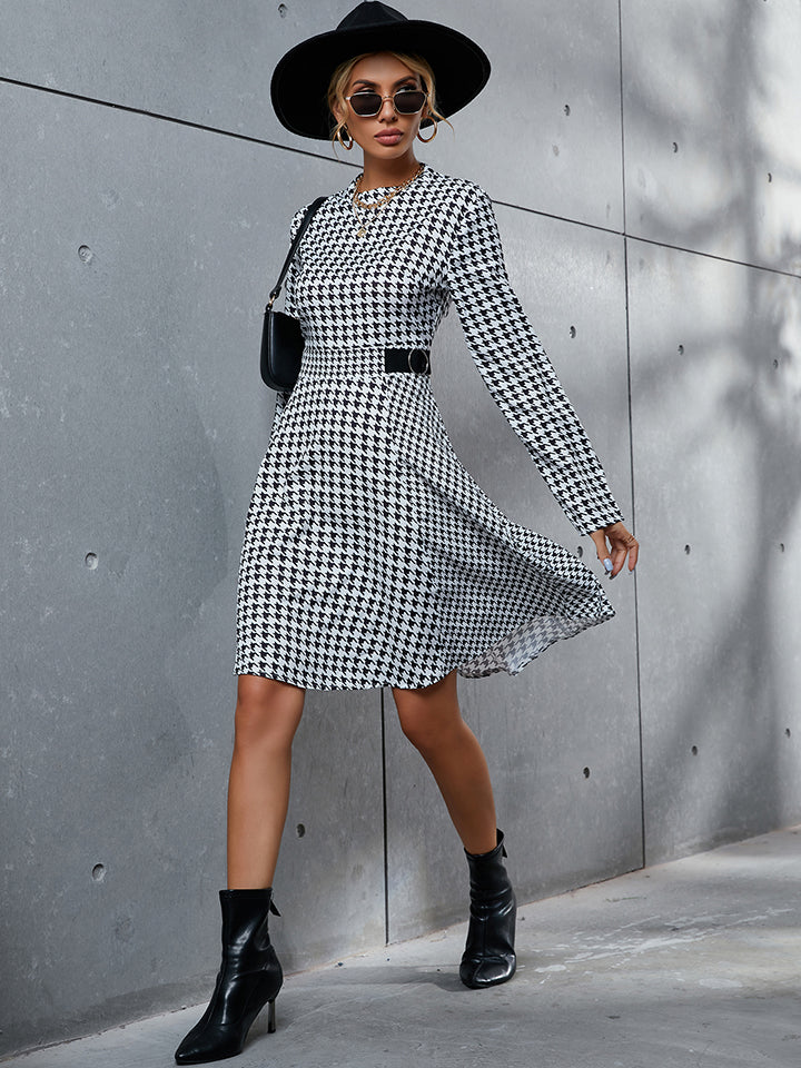 Fashionable Houndstooth Long - Sleeve Mini Round - Neck Polyester Dress