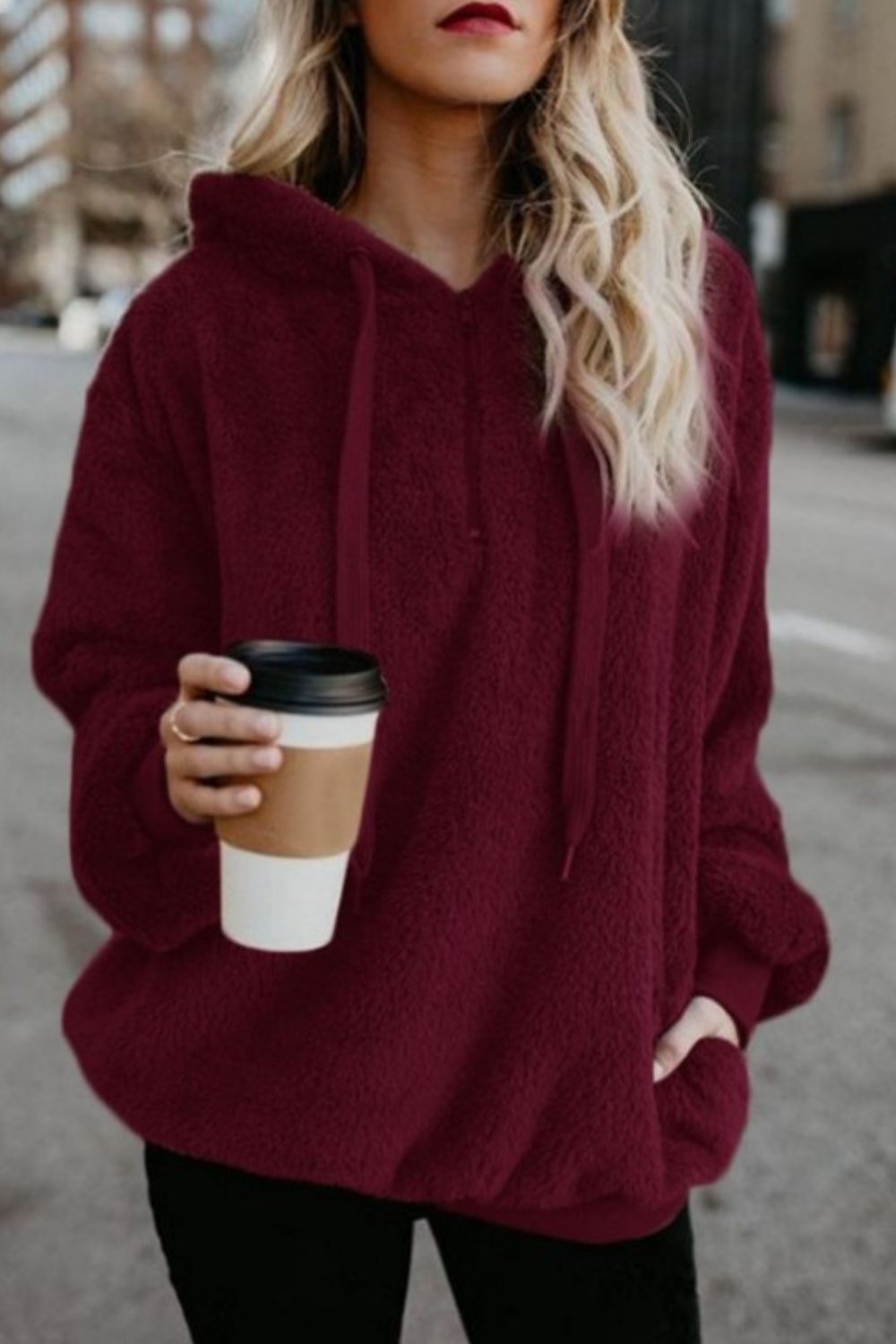 Full-Size Teddy Quarter-Zip Hoodie with Drawstring and Pocket