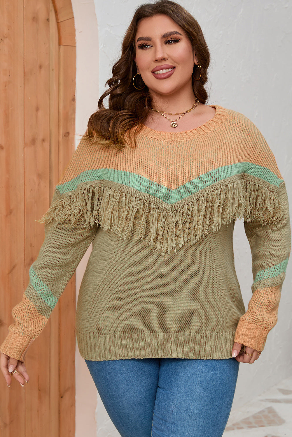 Plus Size Round Neck Long Sleeve Sweater with Fringe Details