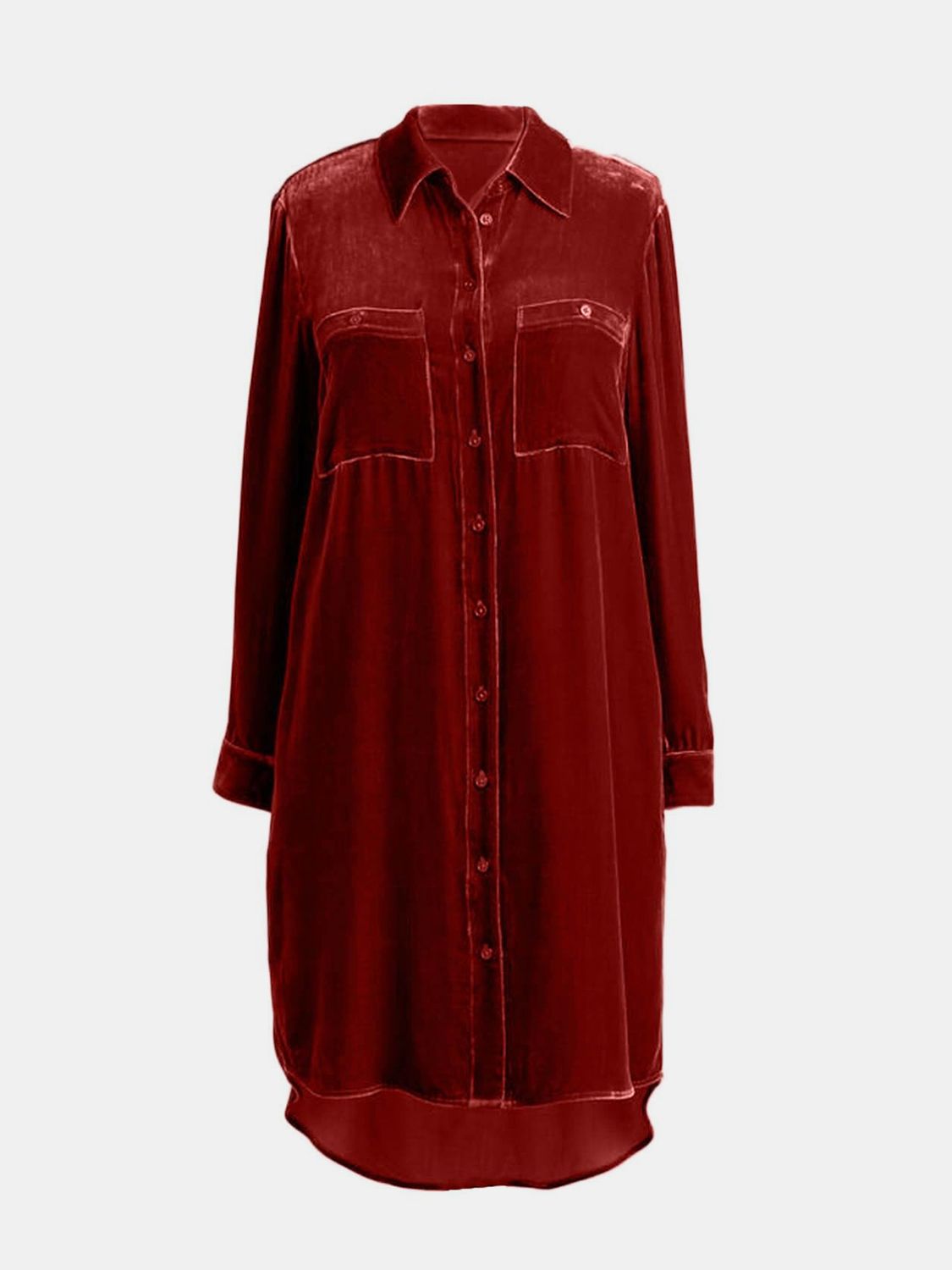 Long Sleeve High-Low Button-Up Knee-Length Opaque Dress with Pockets