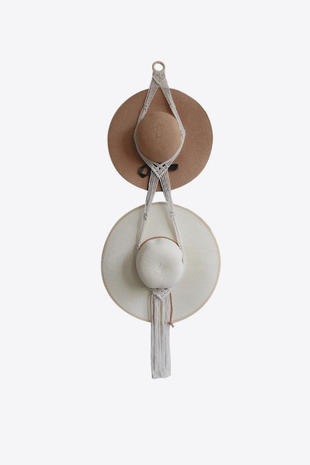 Handmade Macrame Double Hat Hanger with Cotton Thread and Solid Wood