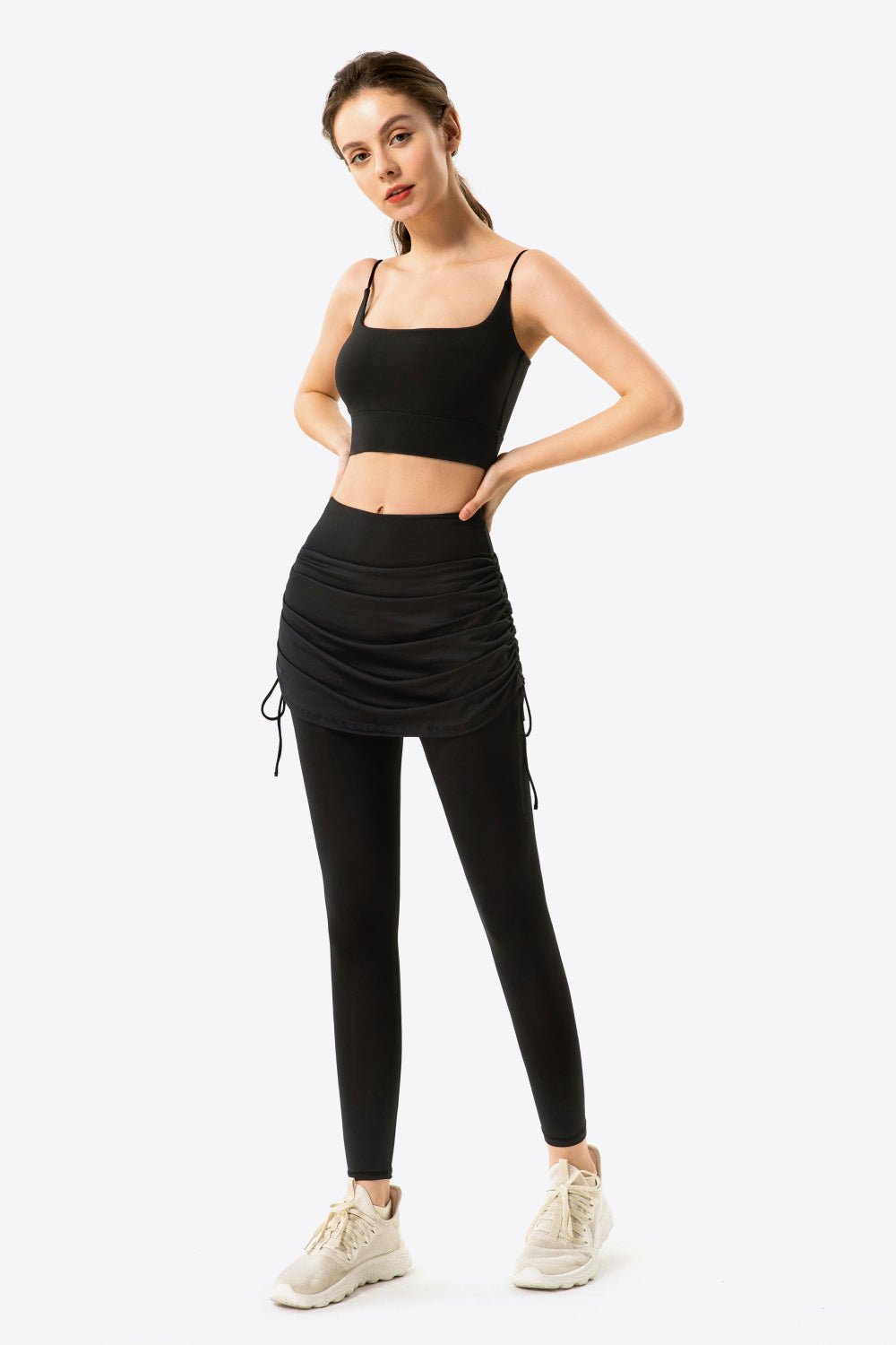 Soft and Breathable Drawstring Ruched Faux Layered Stretch Yoga Leggings