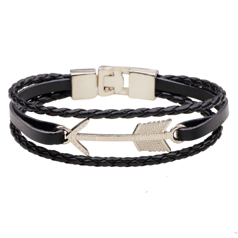 Men's Fashionable Retro-Style Alloy Arrow Leather Braided Wrist Bracelet
