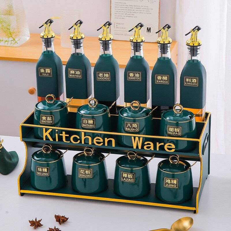 Nordic Style Large Green Ceramic Spice Bottle Holder with Top Seal - An Organizer for Spice Jars, a Great Kitchen Gadget for Herb and Spice Storage