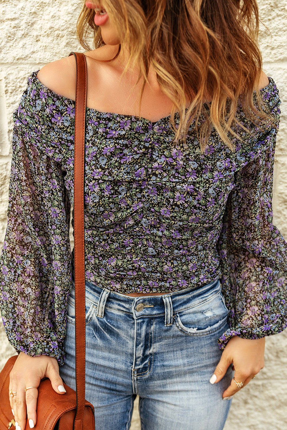 Fashionable Floral Print Off-Shoulder Ruched Long-Sleeved Women's Top