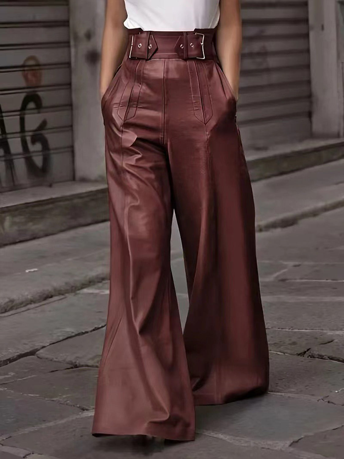 Comfortable Half-Elastic Waist Wide-Leg Polyester Pants