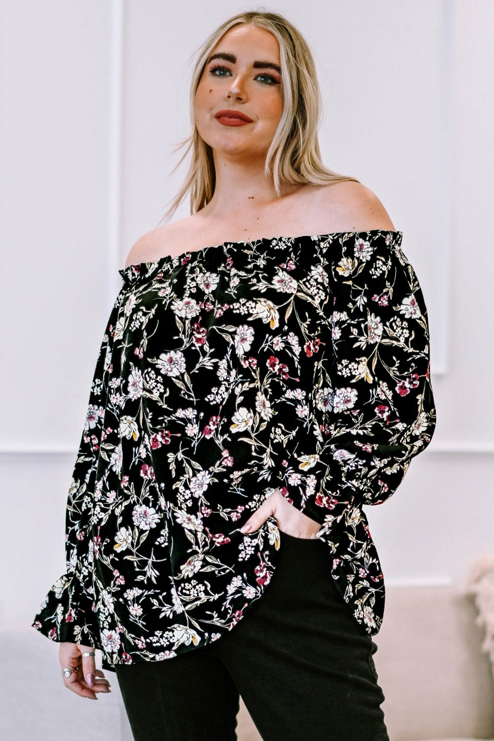 Plus Size Long Floral Off-Shoulder Blouse with Ruffled Flounce Sleeves
