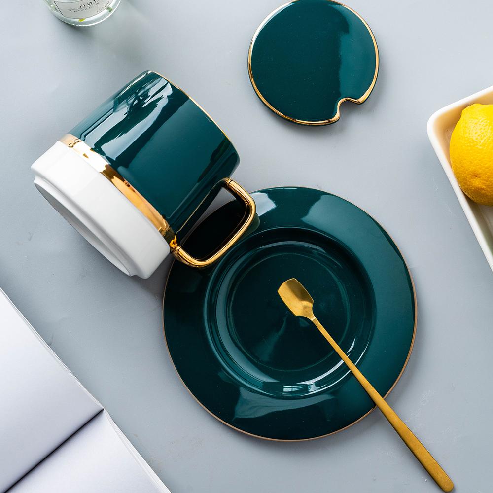MDZF SWEET HOME European-Style Handpainted Green Ceramic Coffee Cup Set with Mat, Lid, Spoon - Ideal Milk Cup and Breakfast Tableware Set, Perfect for Couple Mugs and Birthday Gift Boxes