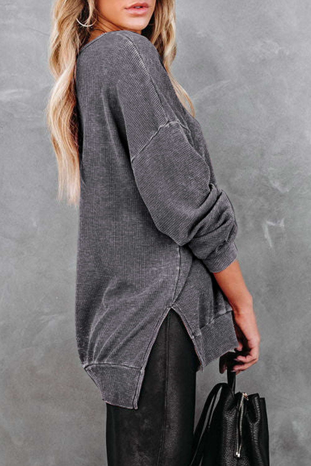 Waffle - Knit Dropped Shoulder Slit Polyester - Cotton Sweatshirt