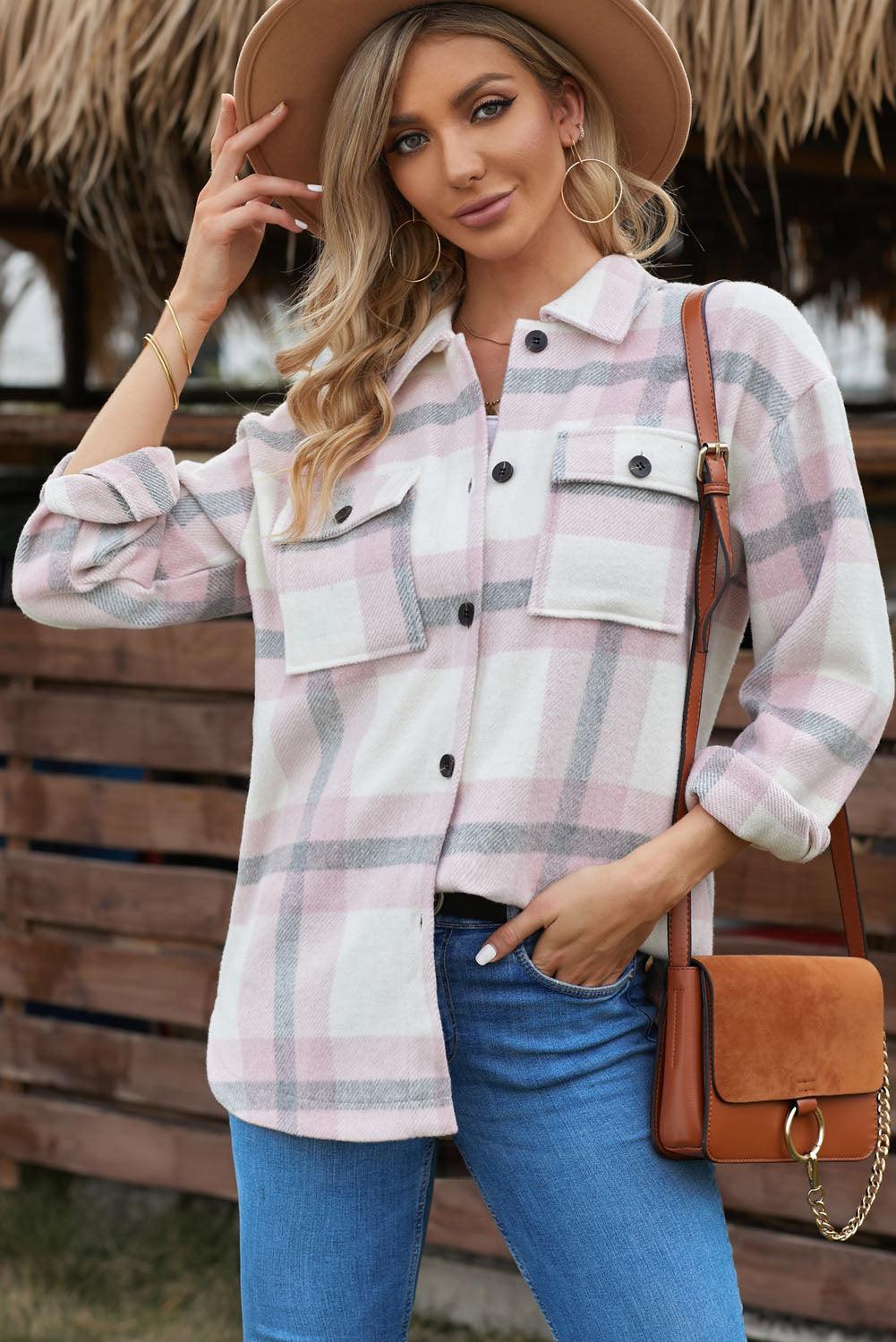Casual Plaid Dropped Shoulder Pocket Buttoned Shacket for Everyday Wear
