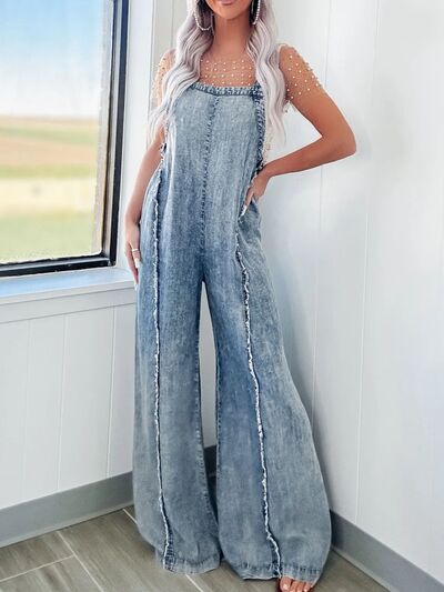 Washed Exposed Seam Wide Leg Stretch Denim Overalls