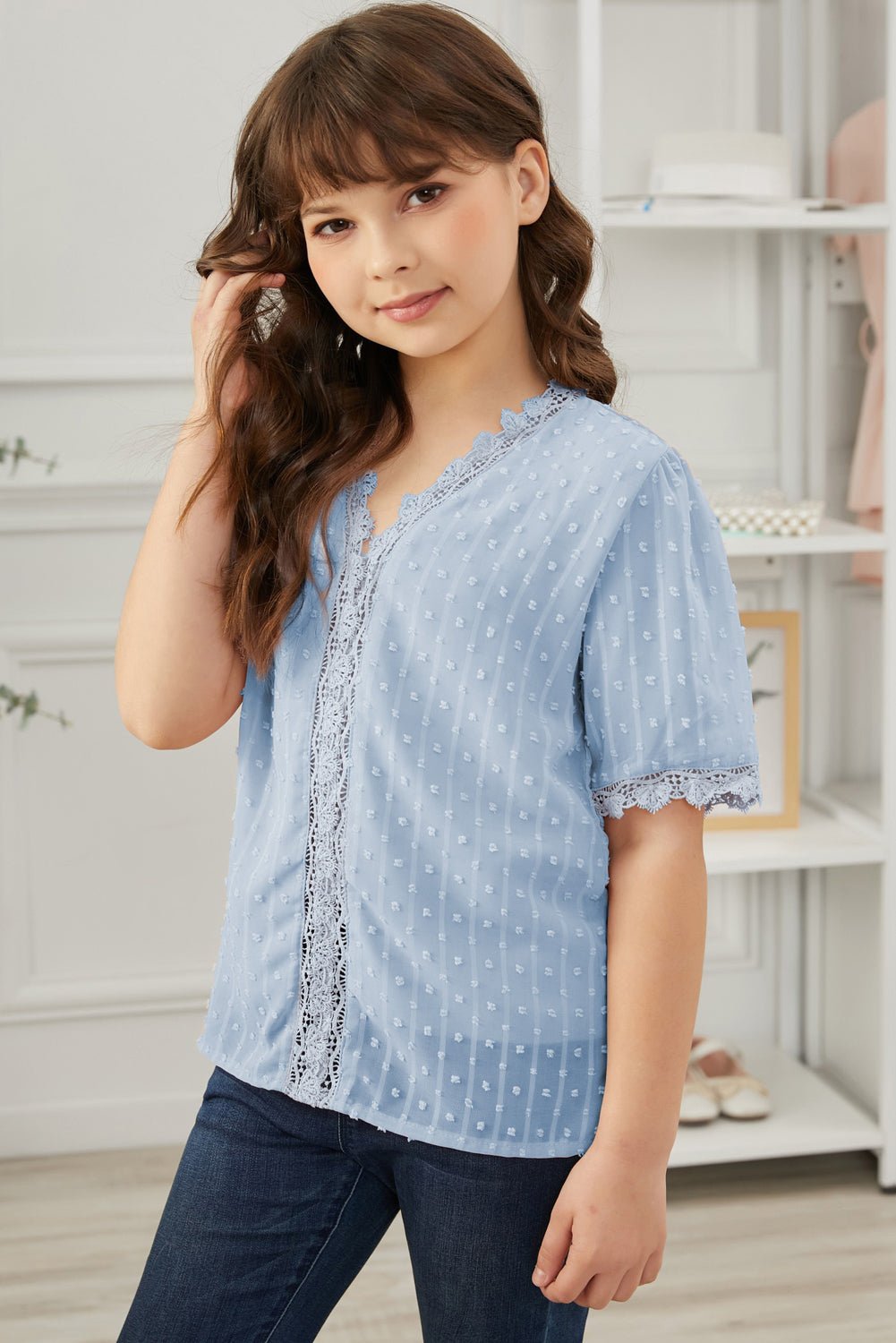 Summer Girls' Blouse with Swiss Dot and Spliced Lace for 4 - 13 Years Old