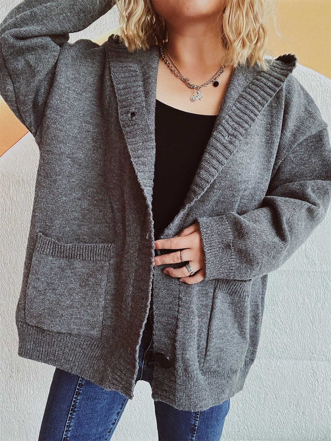 Casual Dropped Shoulder Long Sleeve Buttoned Pocketed Hooded Cardigan for Everyday Wear