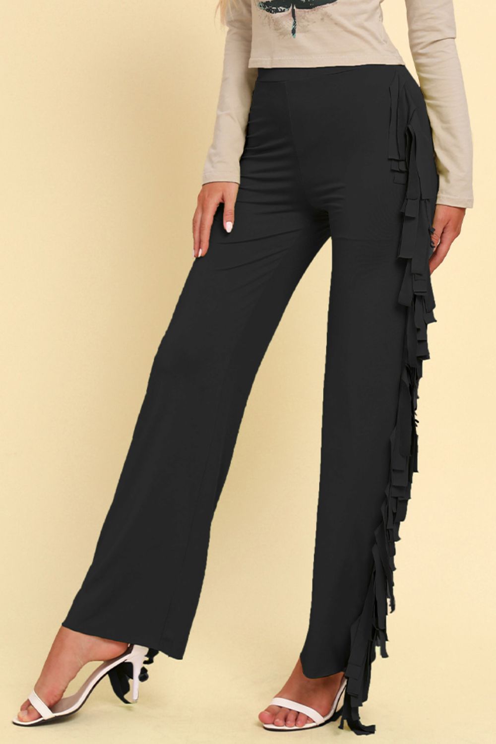 Stylish Fringe Trimmed Wide Leg Long Pants