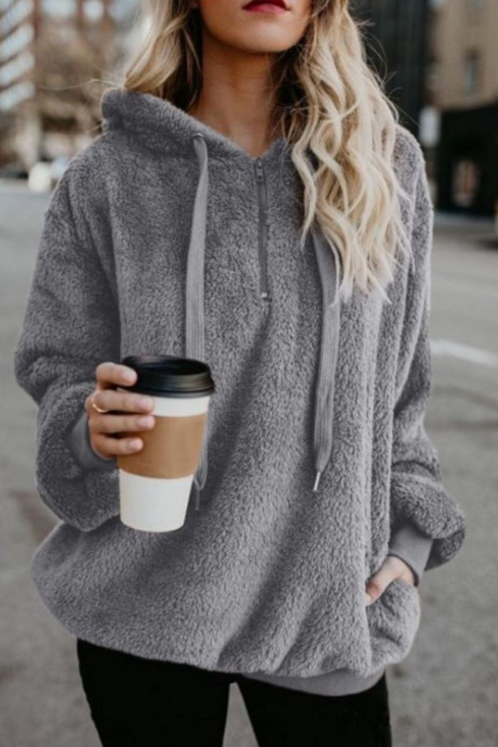 Full-Size Teddy Quarter-Zip Hoodie with Drawstring and Pocket