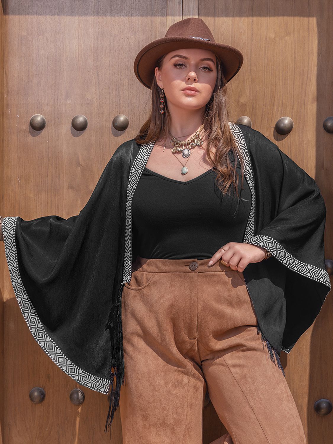 Plus Size Fashionable Geometric Open Front Tassel Hem Cardigan for Women