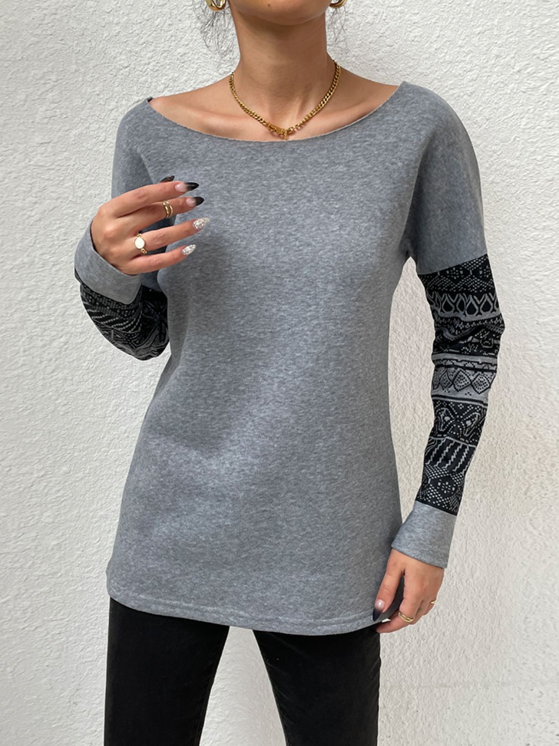 Long Printed Drop Shoulder Casual Tunic Top with Slight Stretch