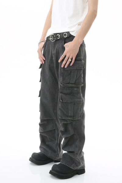 Men's Stretch-Free Multi-Pocket Pleated Cargo Cotton-Viscose Jeans