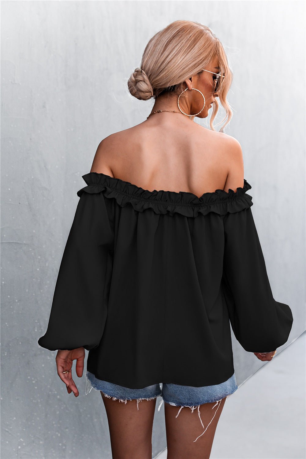 Fashionable Women's Frill Trimmed Off-Shoulder Balloon Sleeve Blouse Top