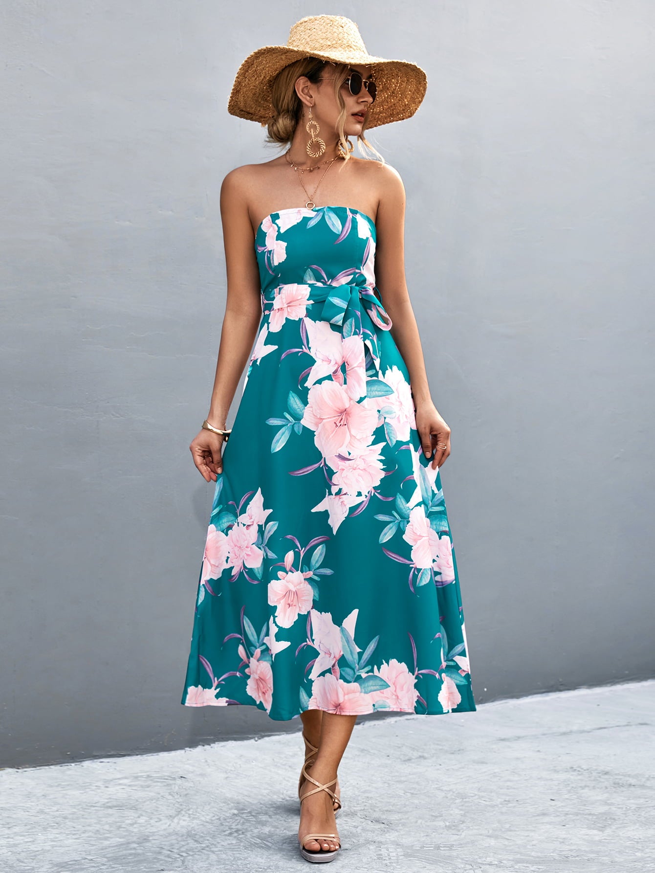 Chic Floral Patterned Tie-Waist Straight Neck Midi Sleeveless Dress