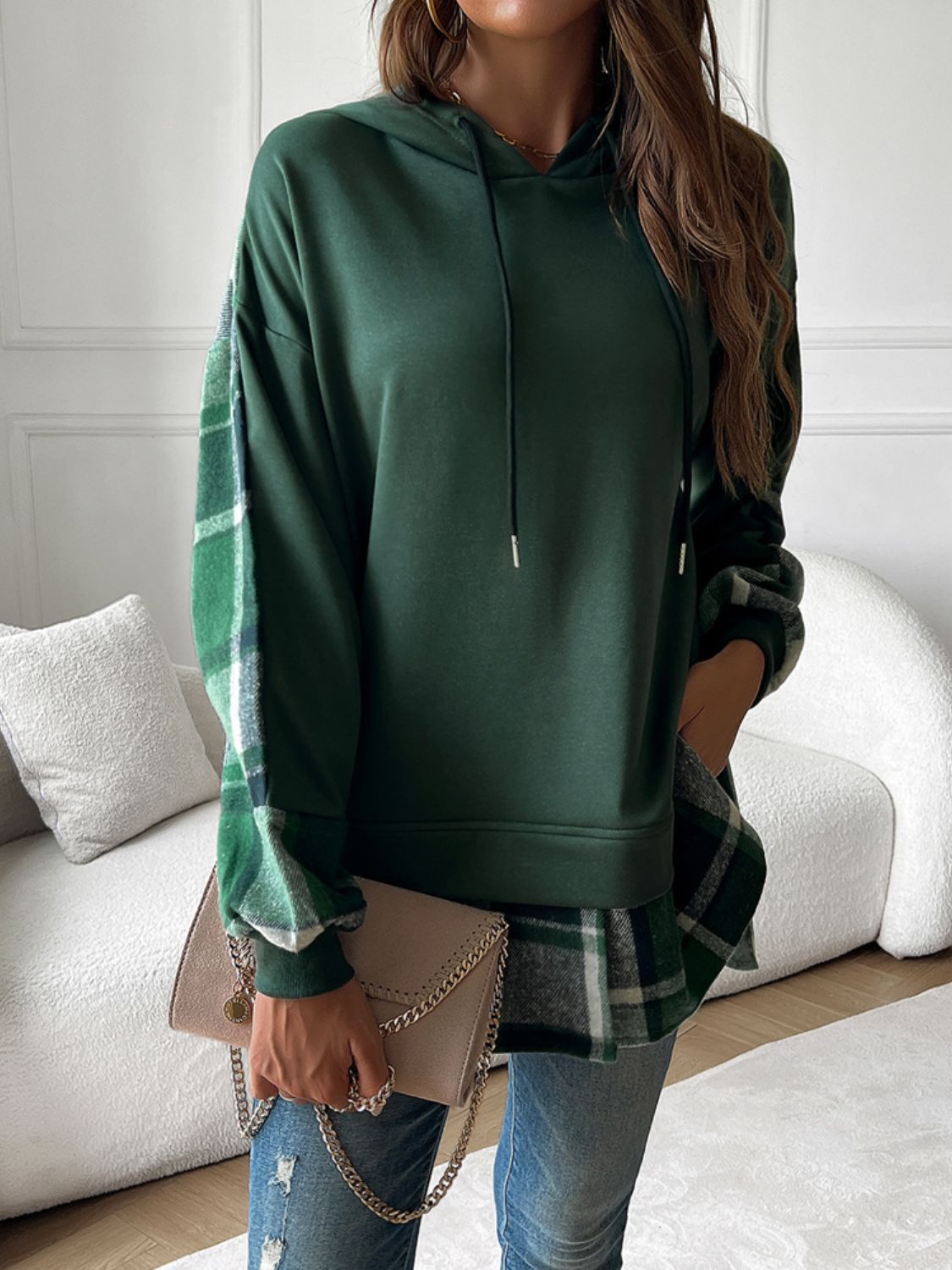Divine Plaid Long Sleeve Drawstring Hoodie for Fashion Lovers