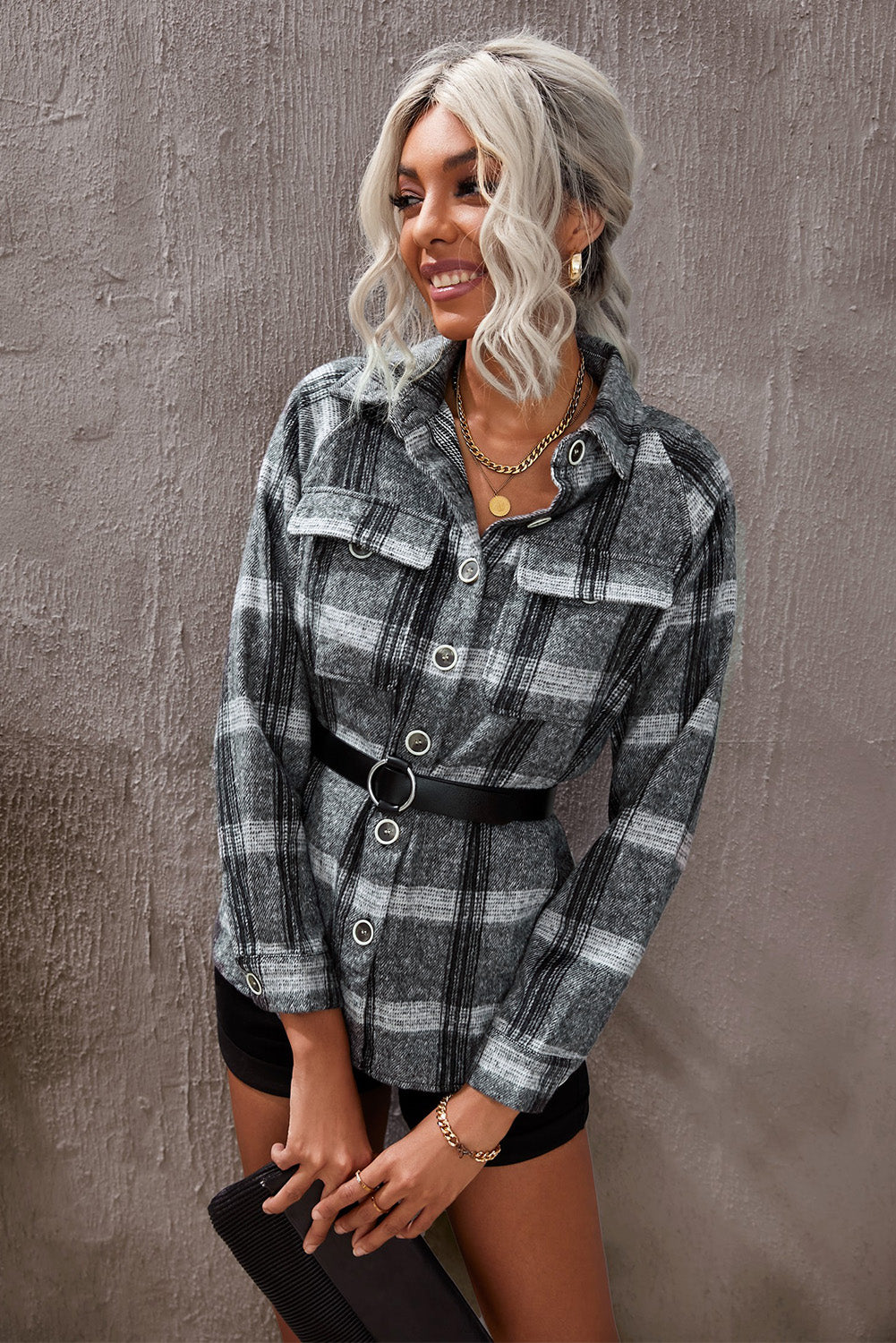 Casual Plaid Raglan Sleeve Shirt-Style Jacket with Convenient Breast Pockets