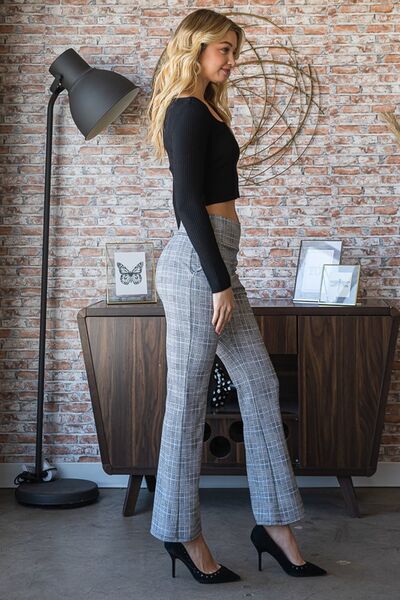 Heimish Full-Size Checkered Flare Trousers with a Wide Elastic Waistband, Suitable for Plus Sizes