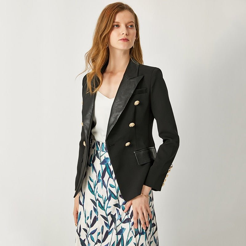 HarleyFashion Women's Office-Style Blazer with PU Leather Collar