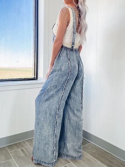 Washed Exposed Seam Wide Leg Stretch Denim Overalls