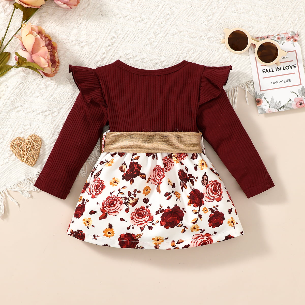 Adorable Floral Print Belted Short Dress with Ruffles and Long Sleeves