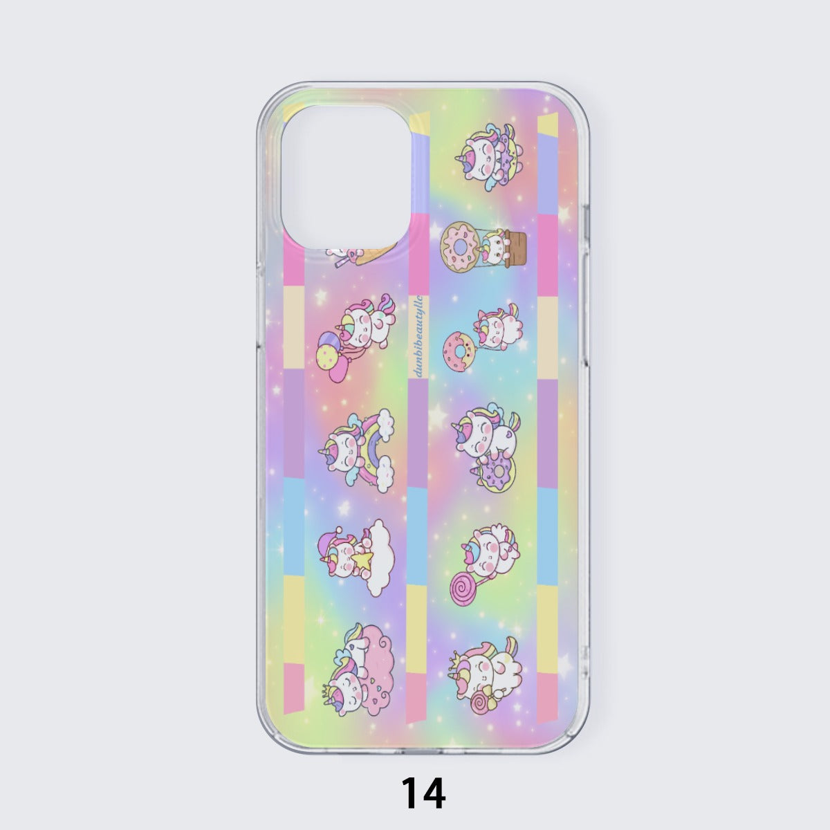 TPU iPhone 14 Series Mobile Phone Case with Adorable Kawaii Unicorn, Pastel Rainbow, Clouds, Pink, Purple, Blue, Yellow, Sleepy Unicorn, Hungry Unicorn, Moon, Candy, Donuts, Ice Cream Designs by Dunbi