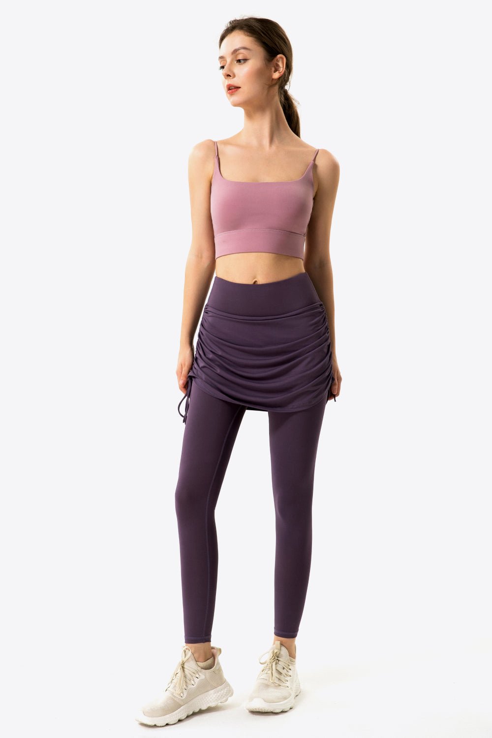 Soft and Breathable Drawstring Ruched Faux Layered Stretch Yoga Leggings