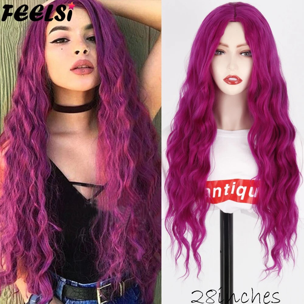 High - Quality Long Curly Black, Pink & Blonde Synthetic Wigs for Women's Cosplay Sale