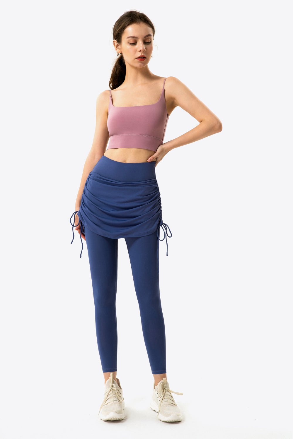 Soft and Breathable Drawstring Ruched Faux Layered Stretch Yoga Leggings