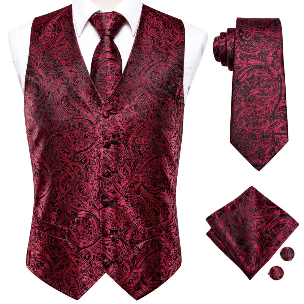 Hi-Tie Men's 4-Piece Luxury Silk Vest, Tie, Handkerchief & Cufflinks Set