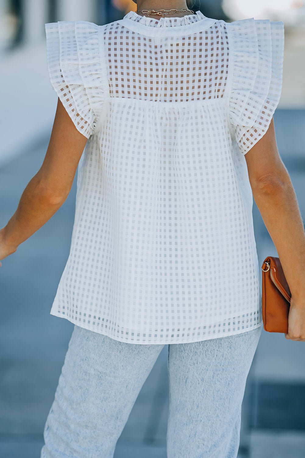 Chic Women's Grid V-Neck Ruffle Shoulder Frill Trimmed Blouse Top