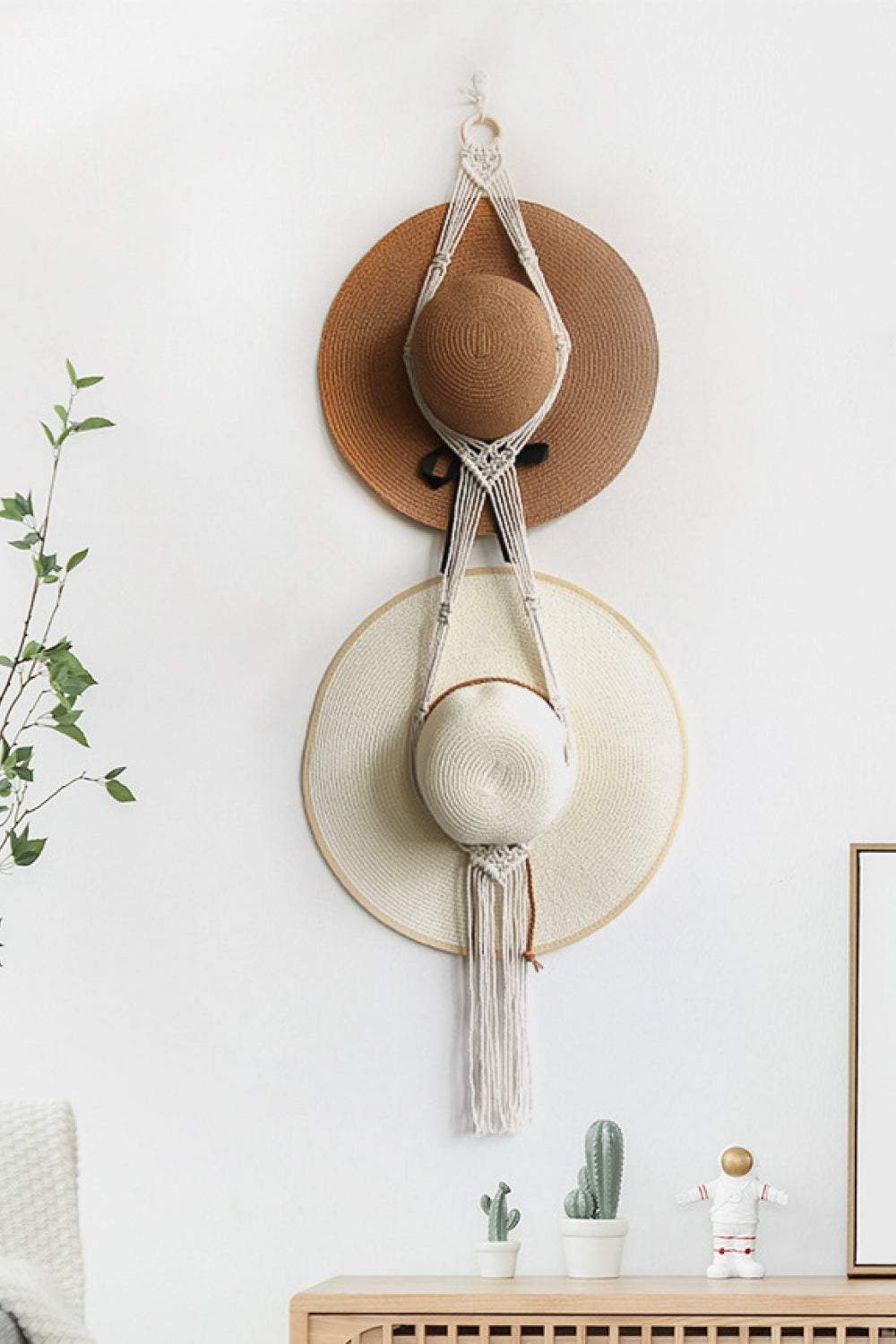 Handmade Macrame Double Hat Hanger with Cotton Thread and Solid Wood