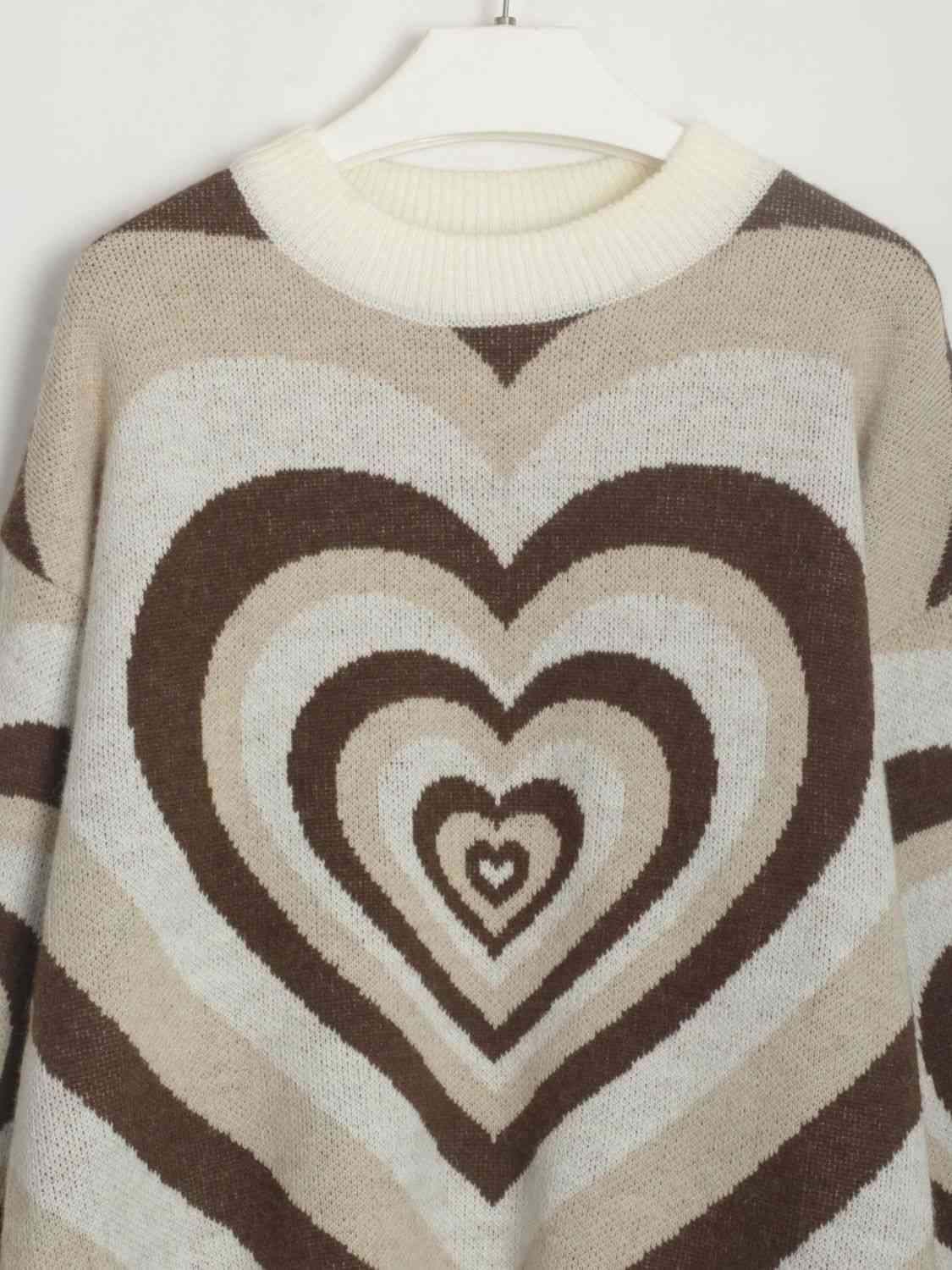 Long Printed Heart Casual Dropped Shoulder Sweater with Moderate Stretch