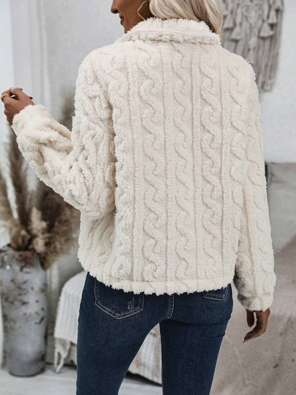 Fuzzy Buttoned Up - Collar Neck Winter Jacket for Casual Wear
