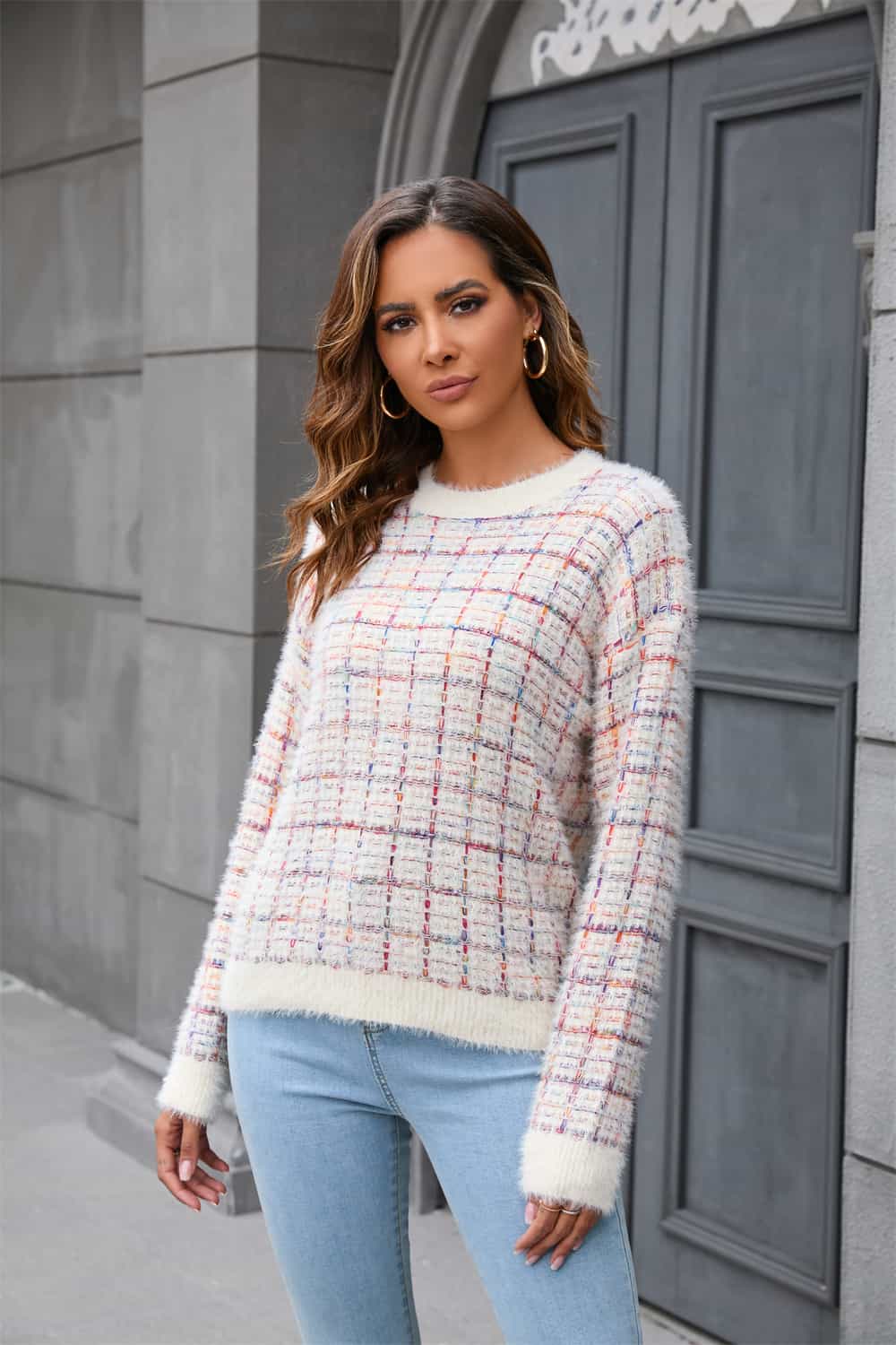 Casual Plaid Round Neck Long Sleeve Dropped Shoulder Pullover Sweater for Everyday Wear