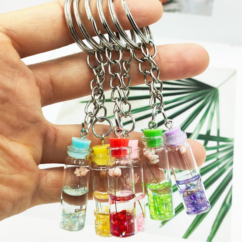 Decorative Keychain with Dried Flower Enclosed in a Bottle