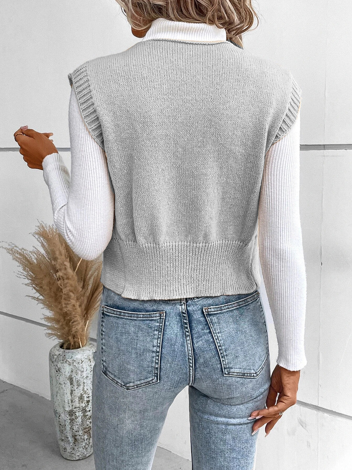 Full-Size V-Neck Button-Up Sweater Vest with Slight Stretch