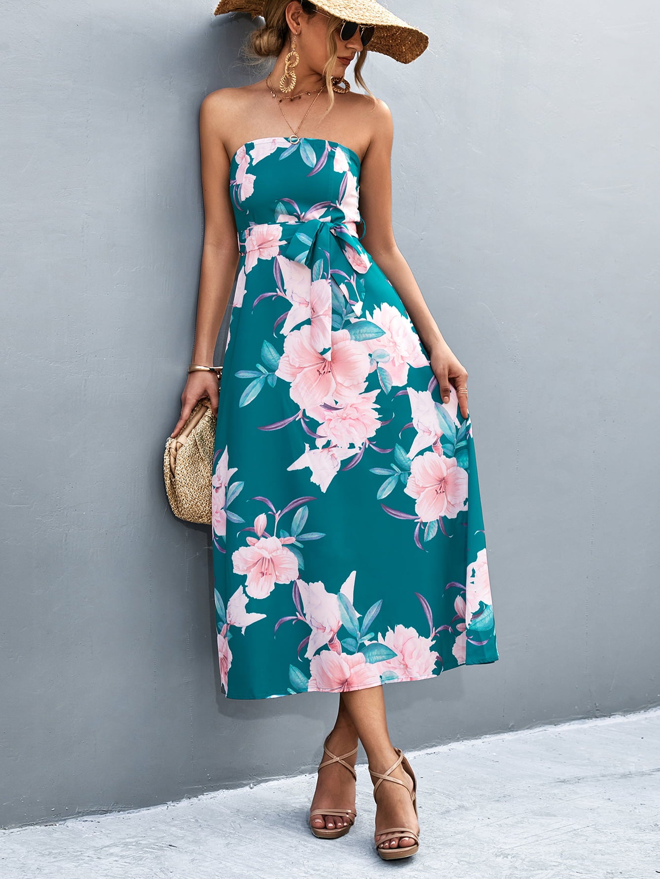 Chic Floral Patterned Tie-Waist Straight Neck Midi Sleeveless Dress