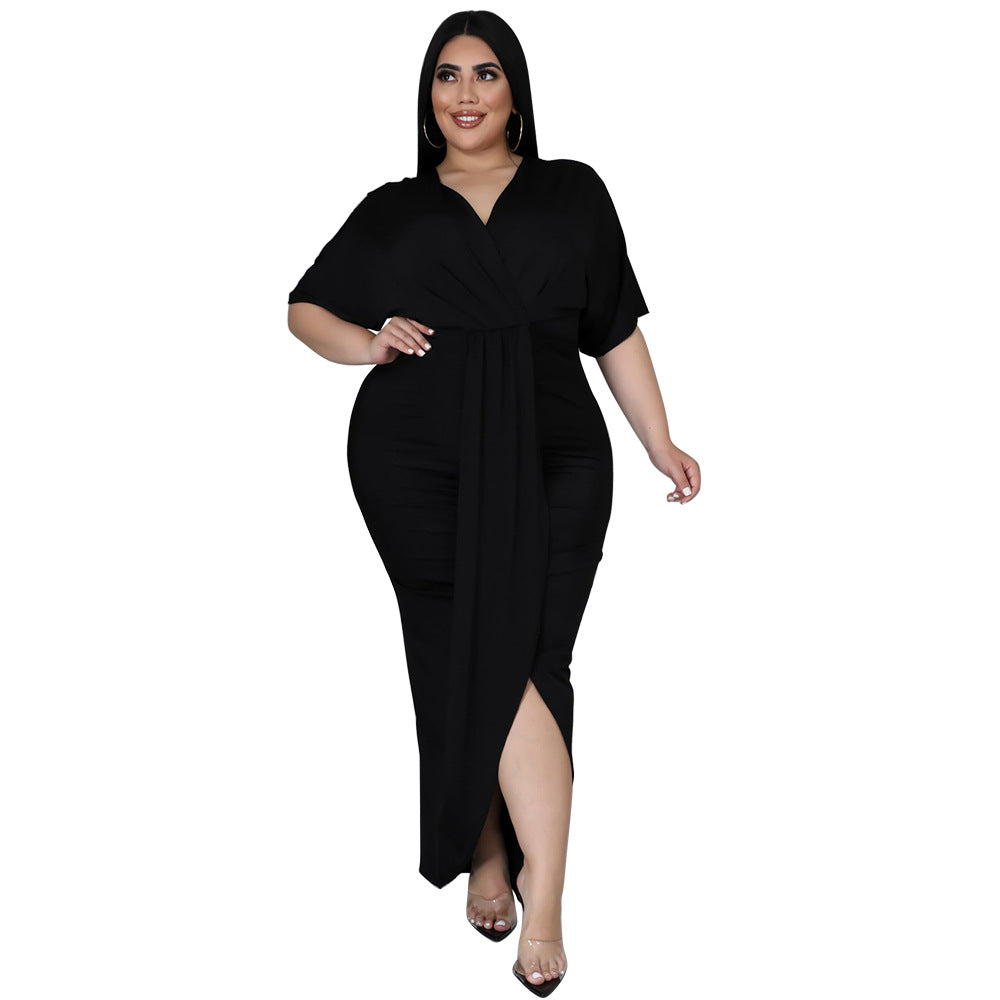 Plus Size Sexy V Neck Irregular Hem Milk Silk Dress for Women