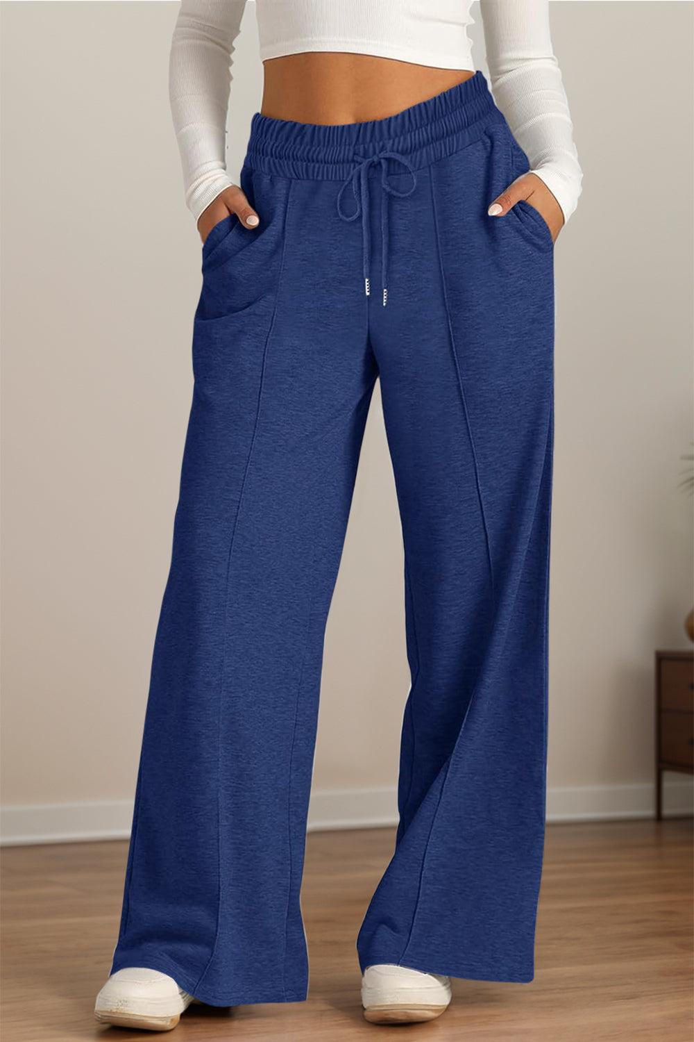 Fashionable Drawstring Elastic Waist Wide Leg Polyester Pants for Comfortable Wear
