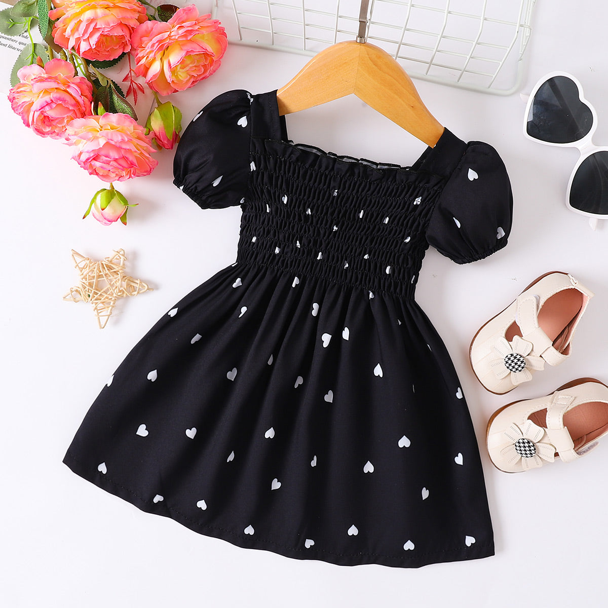 Cute Heart - Printed Smocked Short Square - Neck Dress for Babies