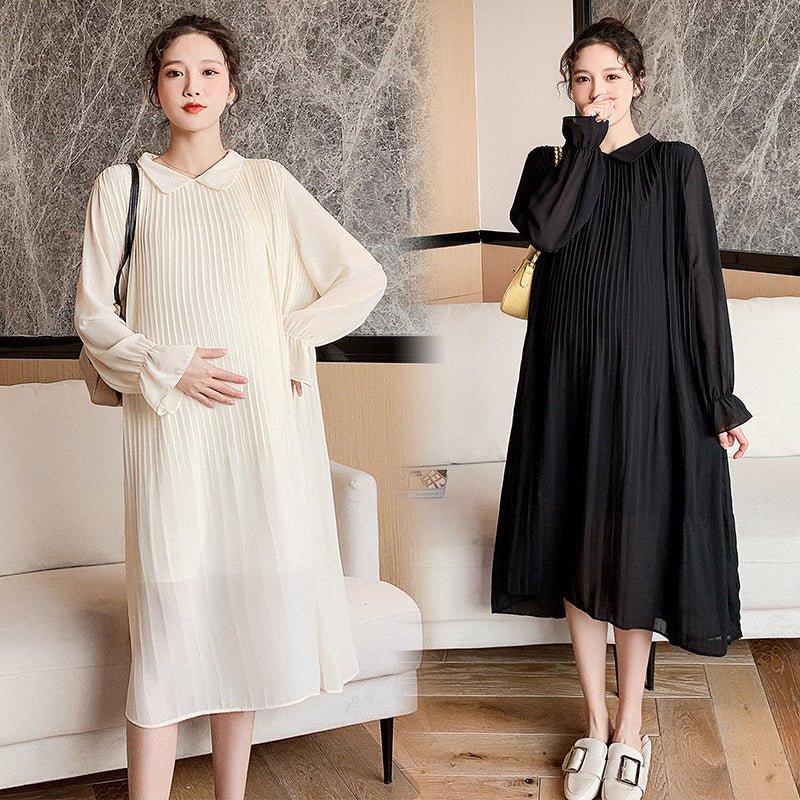 Spring and Summer Loose Long-Sleeved Chiffon Maternity Dress in Solid Color