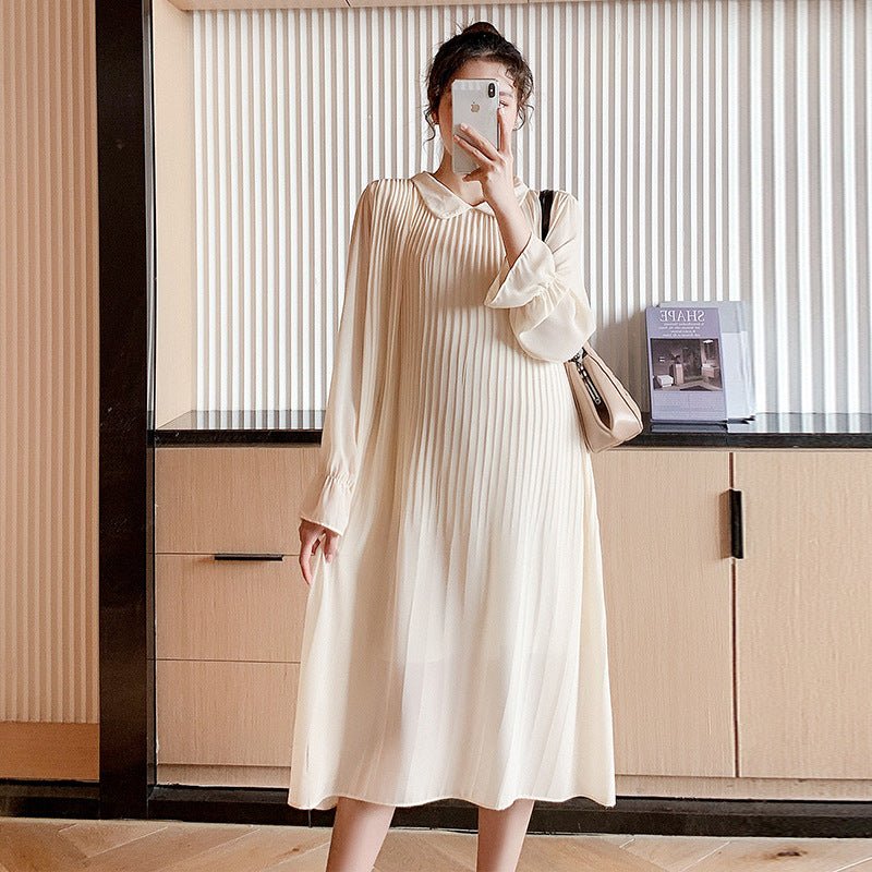 Spring and Summer Loose Long-Sleeved Chiffon Maternity Dress in Solid Color