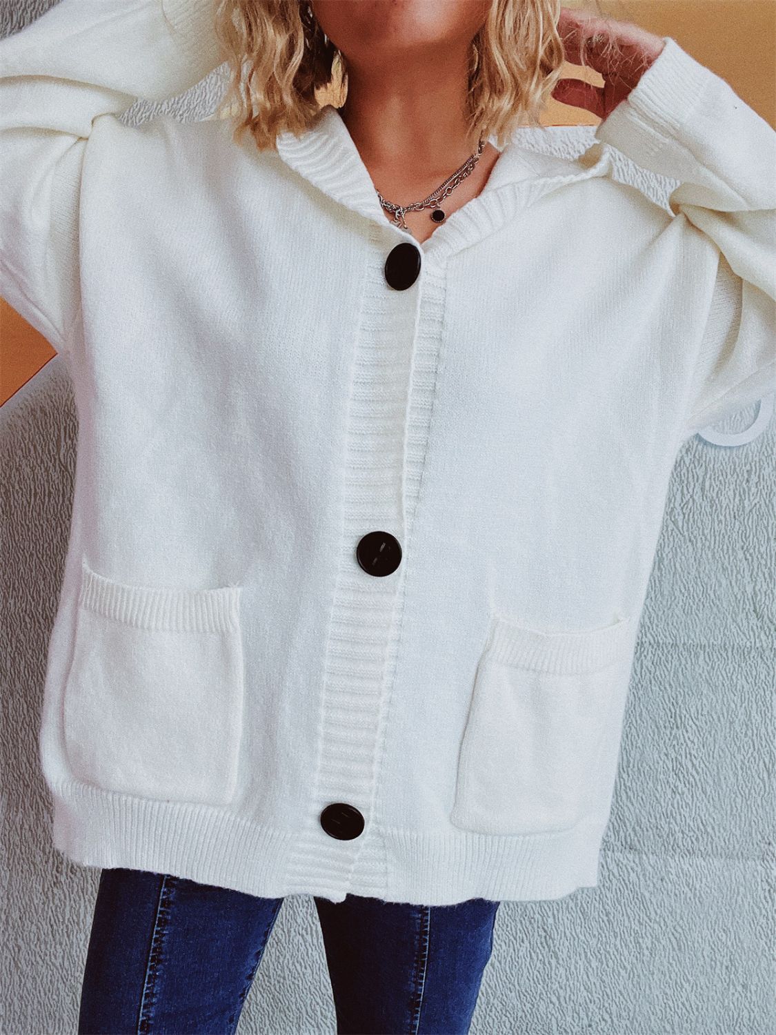 Casual Dropped Shoulder Long Sleeve Buttoned Pocketed Hooded Cardigan for Everyday Wear